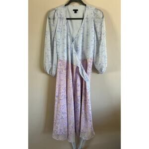 Ann Taylor Blue & Purple Floral Long Sleeve Wrap Midi Dress — Size 4 Petite